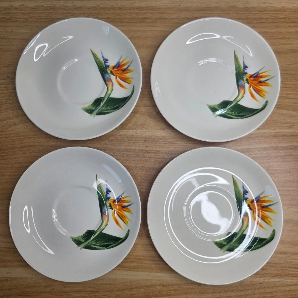 Santa Anita Ware Teacup/Saucer Set of 4 Flowers Of Hawaii Bird Of Paradise 1949